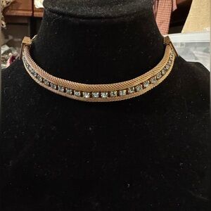 Vintage Sarah Coventry Gold Tone Metal Mesh Blue Rhinestone Choker Necklace 17.5